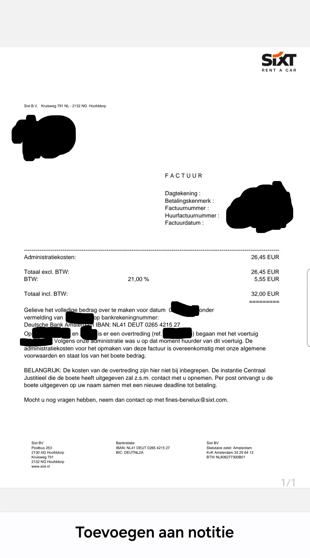 Sixt vraagt 32€ administratiekosten voor boete is dat te onderbouwen?