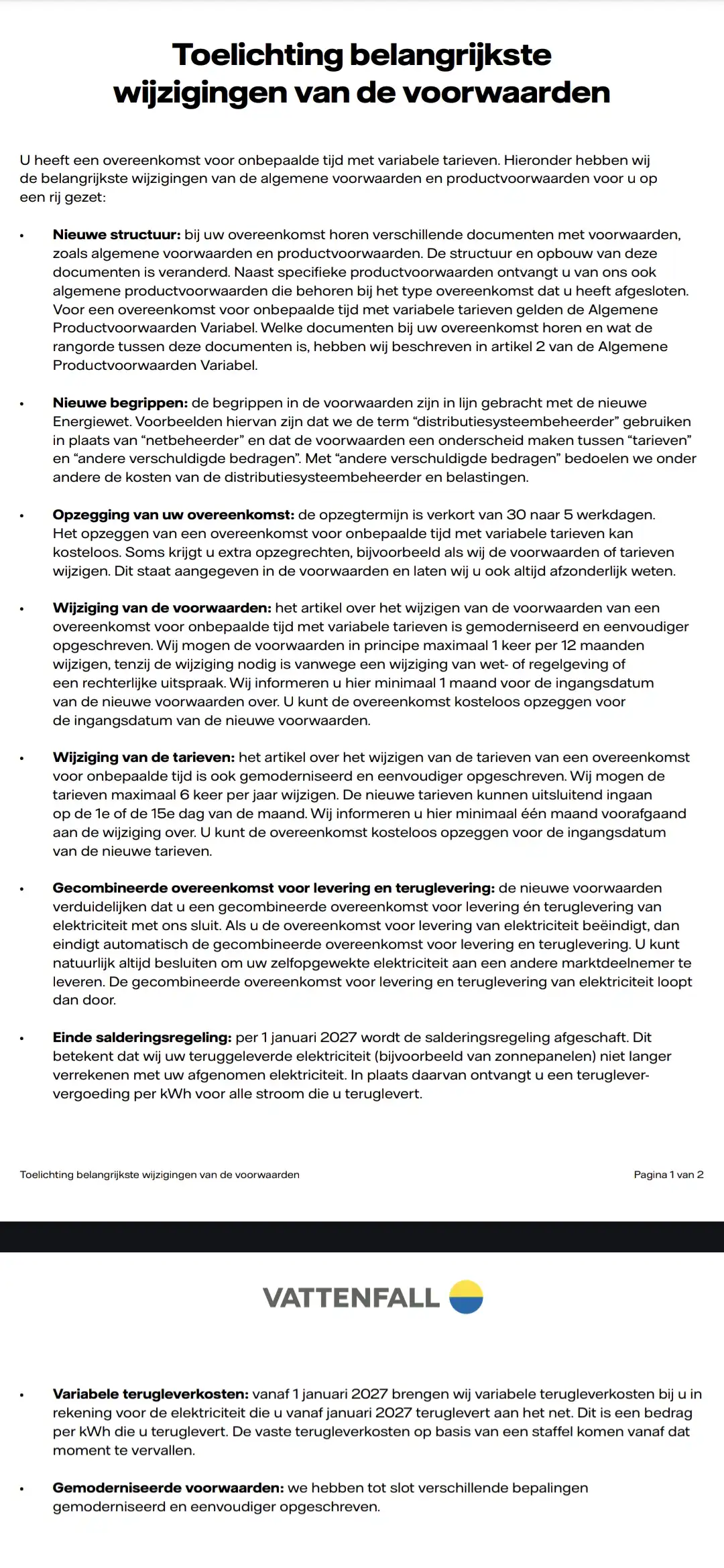 Nieuwe contract voorwaarden vattenfall