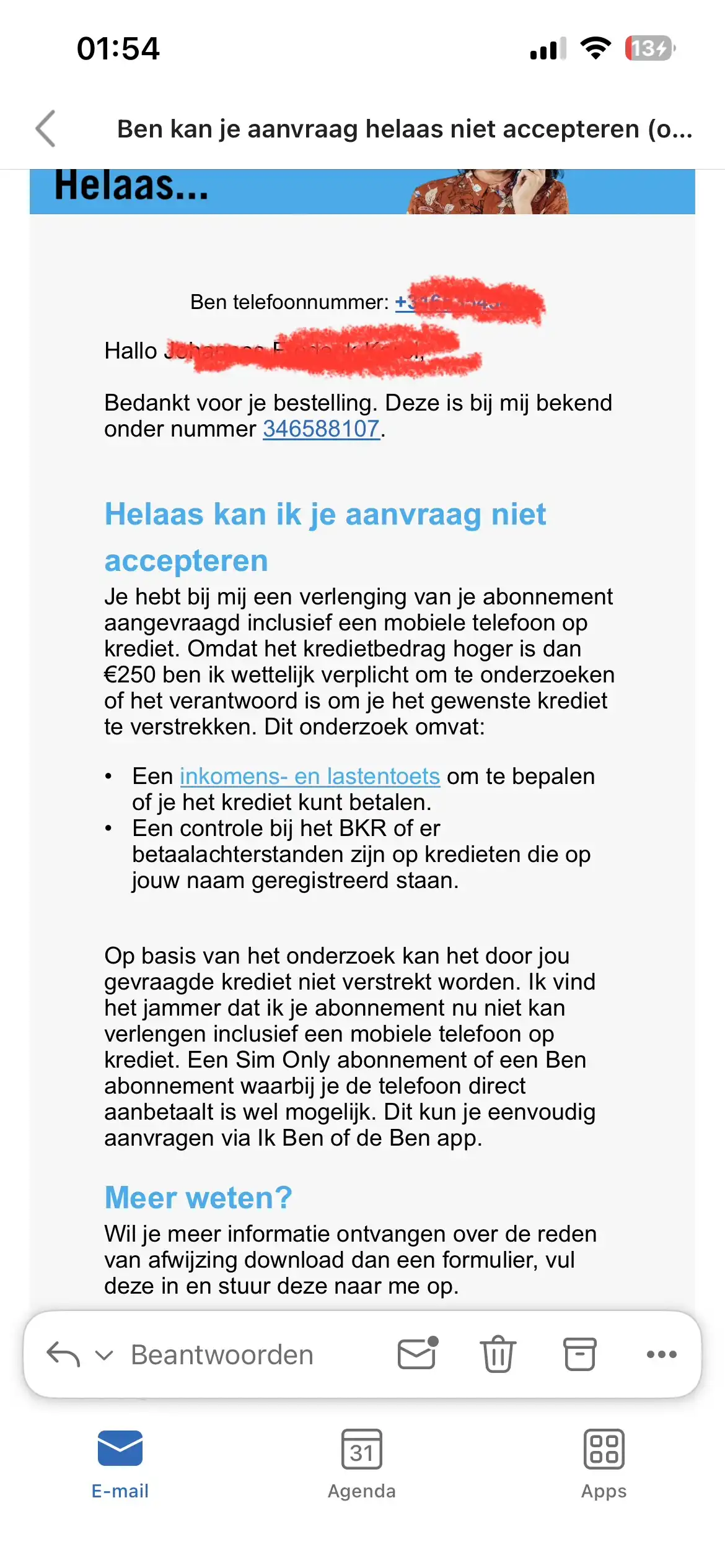 Onterechte weigering telefoon abonnement Ben door negatieve toetsing BKR