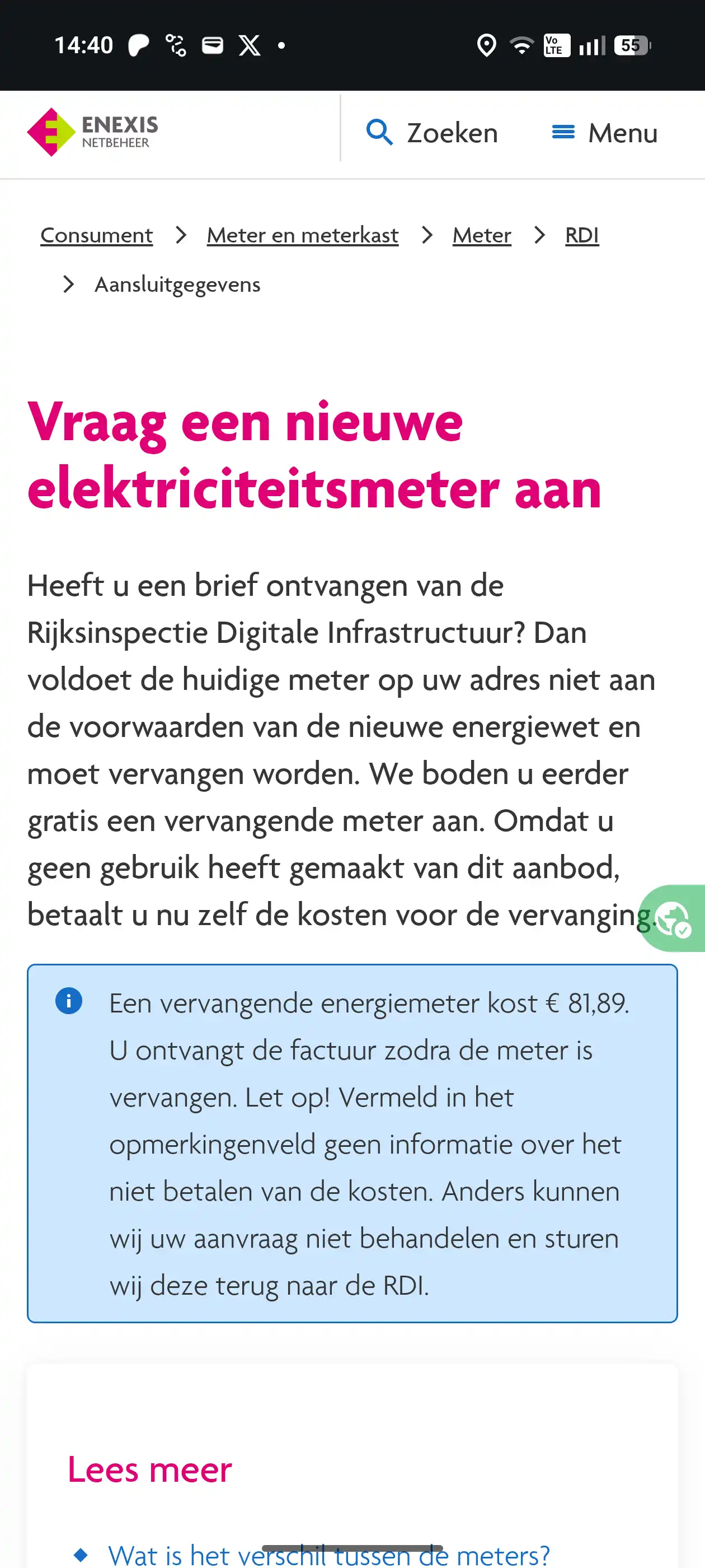 Kan Enexis zomaar geld innen voor het vervangen van een meter?